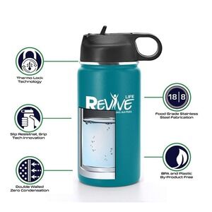 New Revive Life Insulated Water Bottle for Kids 12 Oz Wide Mouth Straw Lid Green